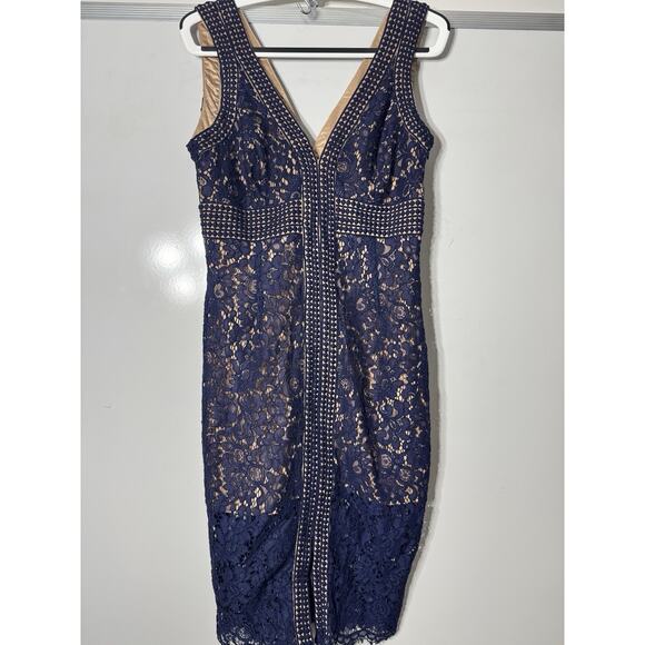 Bardot Morgan Front Slit Lace Cocktail Dress Navy Blue Women's Size 8 - Picture 1 of 5